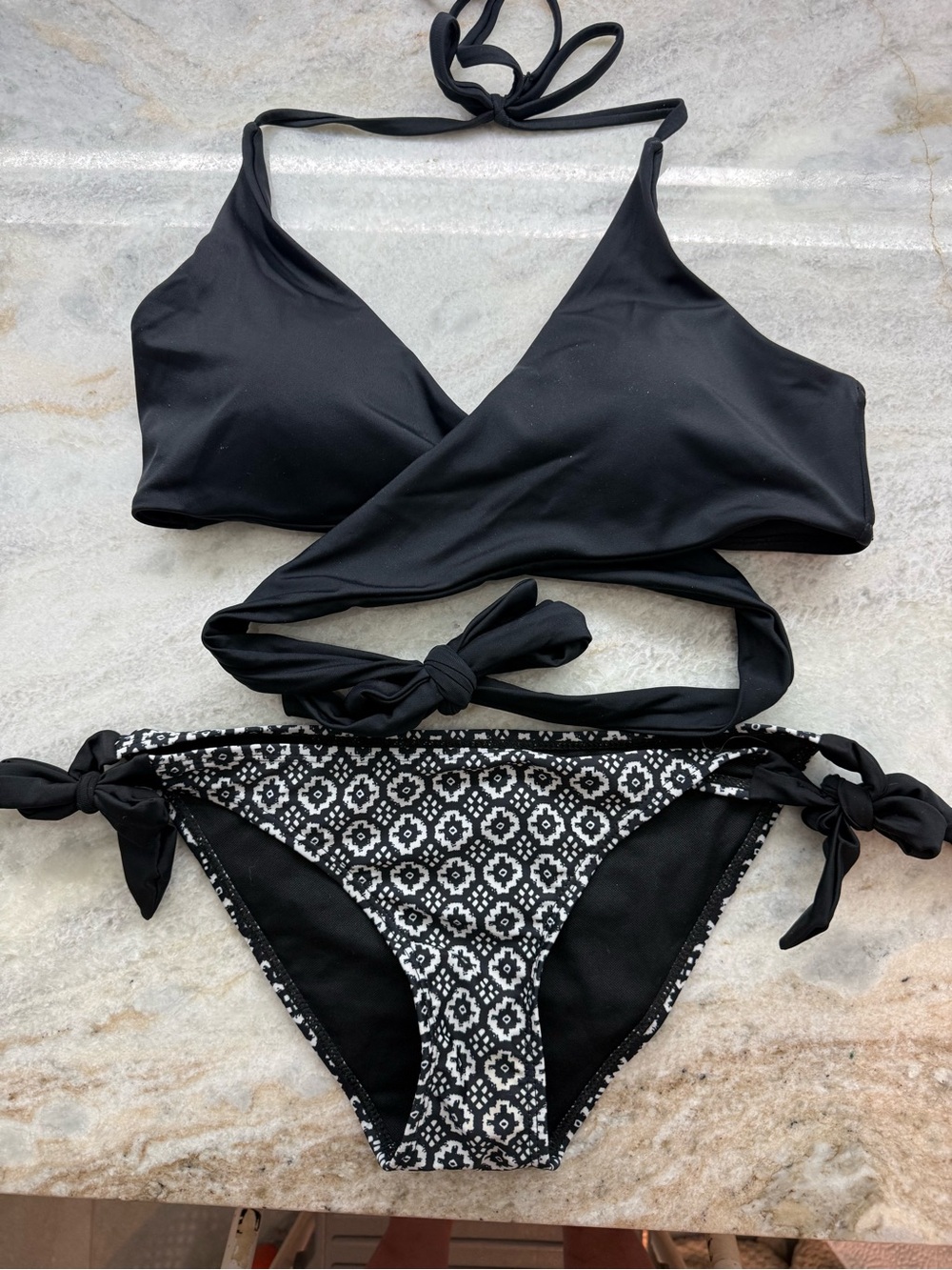 Black Wrap Bikini Set with Patterned Bottoms